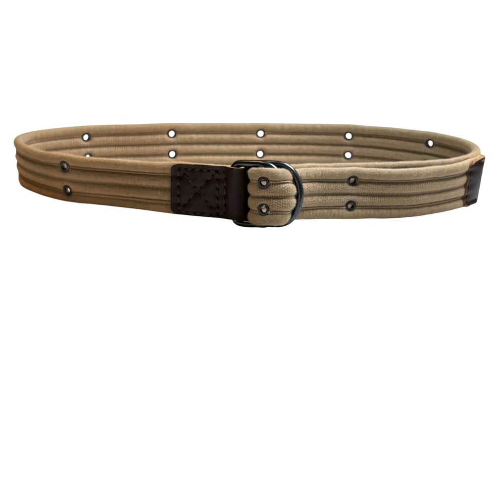 Vintage Khaki Canvas Belt Double D-Ring‎ Buckle Grommet Leather Trim Gorpcore
